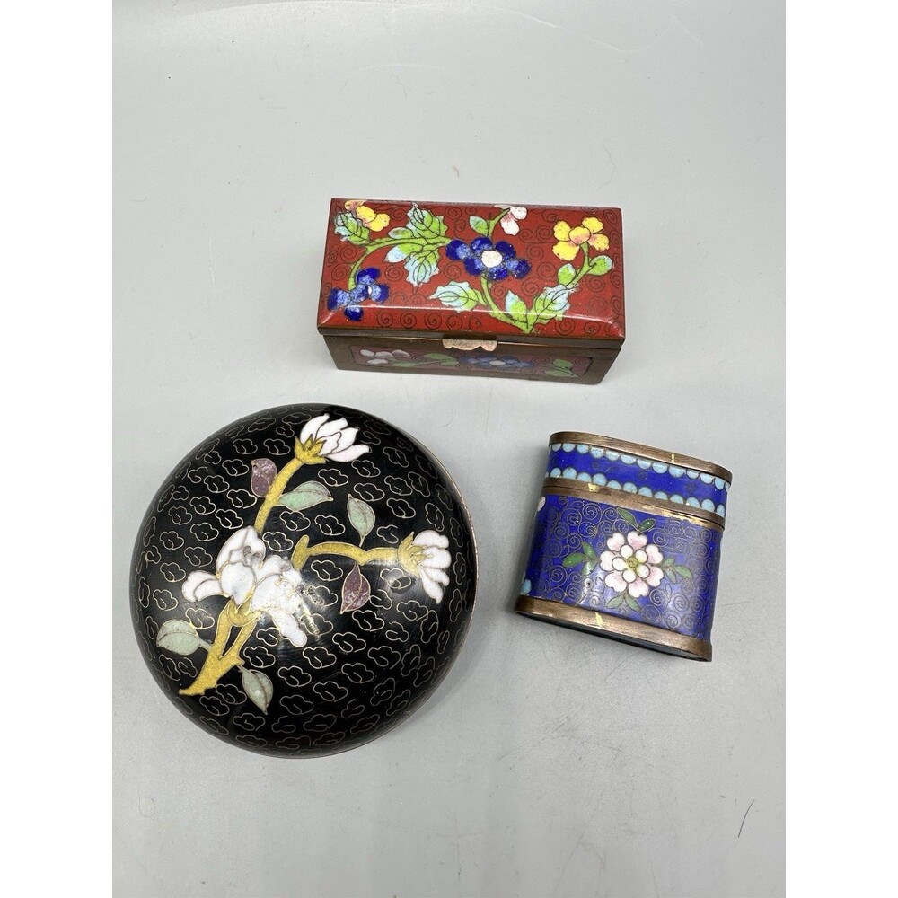 Lot Of Cloisonné Trinket Boxes Red Copper Hinged Round Black Blue Floral